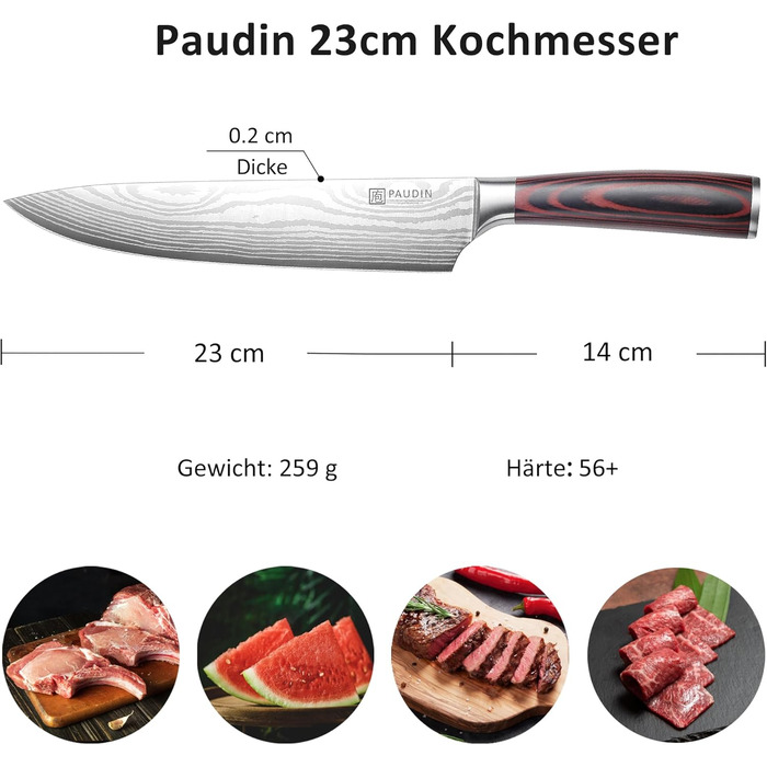 PAUDIN Profi Кухонний ніж 23см, професійний, з німецької сталі, ергономічна ручка, довговічний, нержавіючий, для хобі та професійних кухарів, ідеальний подарунок для любителів готувати