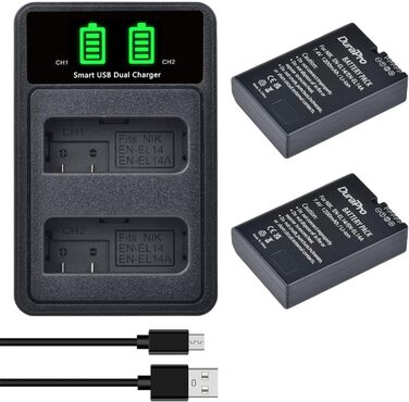 Акумулятор DuraPro EN-EL14 + LED Зарядний пристрій для Nikon P7800, 7700, 7100, 7000, D5600, D5500, D5300, D5200, D5100, 3000, D3400, D3300, D3200, D3100, DSLR