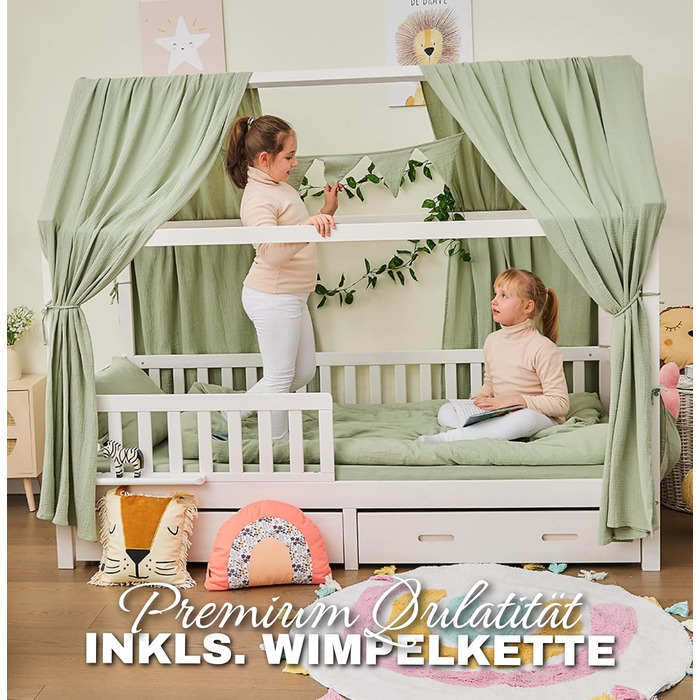 ALAVYA HOME® 3-Piece House Bed Decor Set with 2 Canopy Curtains | 1 Wimpelkette (300cm long) for Children's Bed, Kids' Room | 100% Organic Muslin Cotton | GOTS Certified | 125 x 350 cm | Khaki 125 x 350 cm Khaki