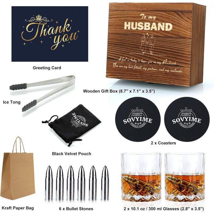 Склянки для віскі з гранітними кубиками льоду, 2 шт., дерев'яна подарункова коробка. Ідеальний подарунок для любителів віскі, чоловіків, на Різдво, День народження, День батька (310 мл). Рельєфні круглі.