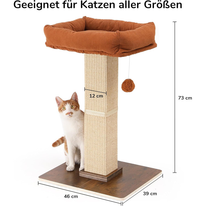 Дерево для котів FUKUMARU, 73 см, з платформою 46 x 36 см, ретро-стиль, з місцем для відпочинку, великий краш-тур з ліжком, з натурального сизалю та масивного дерева. XL