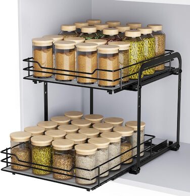 AIRUJIA Pull-Out Spice Rack, 2-Tier Dish Cabinet Organizer, Spice Rack Cabinet, Spice Rack, Lift-Up Bathroom Sink Shelf, Spice Organizer for Kitchen, L26.4*W23.2*H23CM
