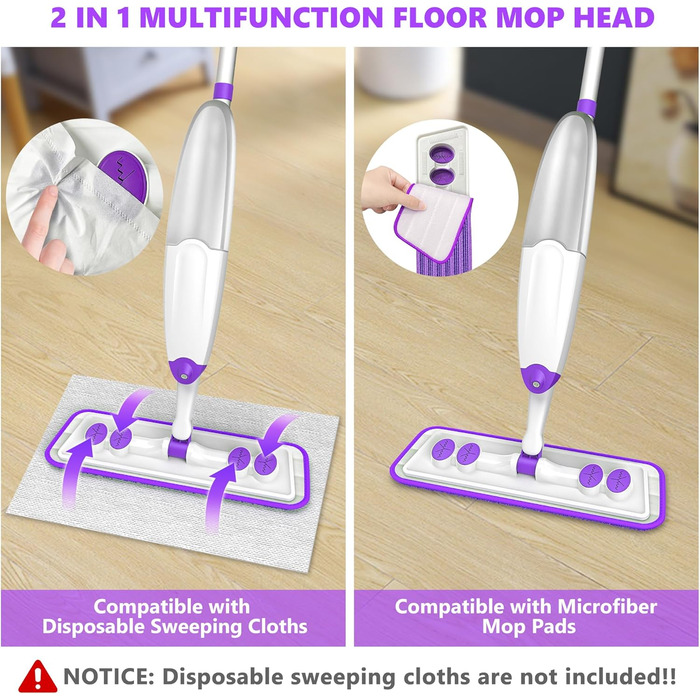Швабра з розпилювачем, швабра для підлоги з розпилювачем, набір швабр з 3 змінними мікрофібровими накладками, підходить для одноразових накладок, біла швабра з резервуаром для води