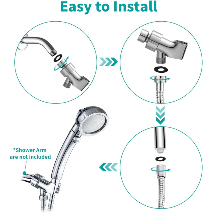 MIAOHUI Modern Handheld Showerhead with On/Off Switch, High-Pressure Showerhead with Handheld, 3 Spray Settings, Detachable Showerhead with Hose, Adjustable Shower Holder (Brushed Nickel) (Chrome)