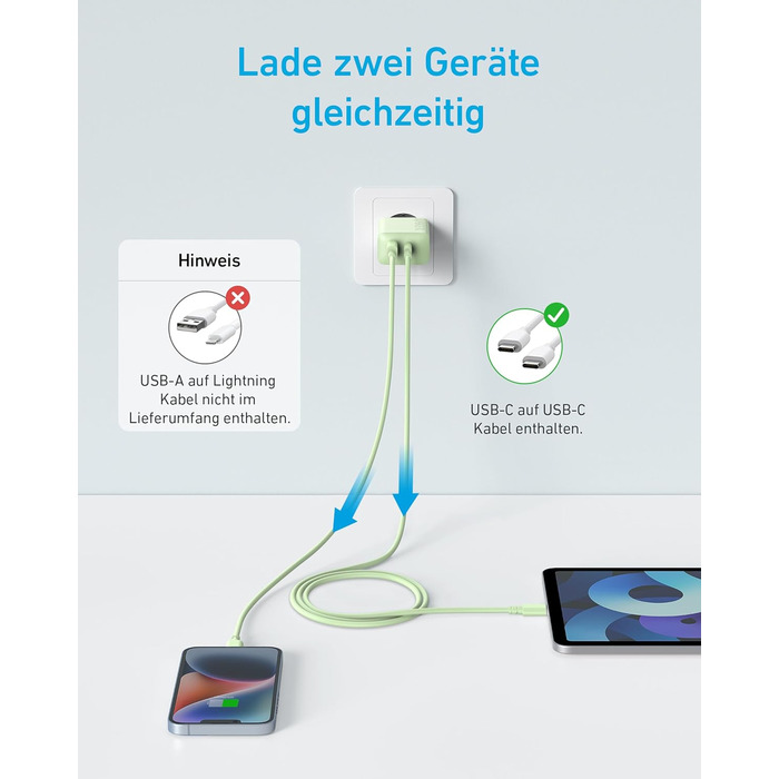 Зарядний пристрій Anker 20W USB-C, адаптер живлення для iPad, швидка зарядка, сумісний з iPhone 17/16/15, кабель USB-C (150 см), зелений