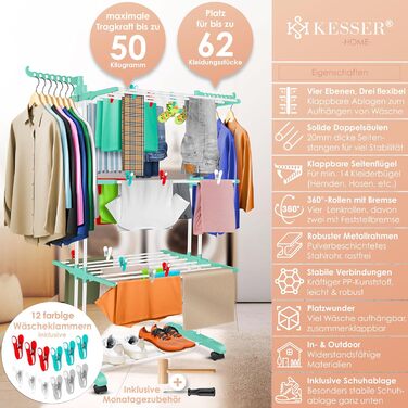 Кесер® Сушилка для білизни з колесами - Турбо-модель, 4 яруси, білий/антрацитовий, з кліпсами