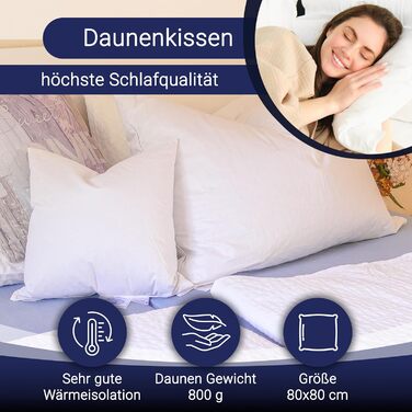 ZOLLNER 2-Pack Deluxe Down Pillow Set - Made in Germany – Suitable for Allergy Sufferers – Cover made of high-quality Mako cotton - washable up to 60°C - 80x80 cm - Hotel quality 80 x 80 cm 2-pack
