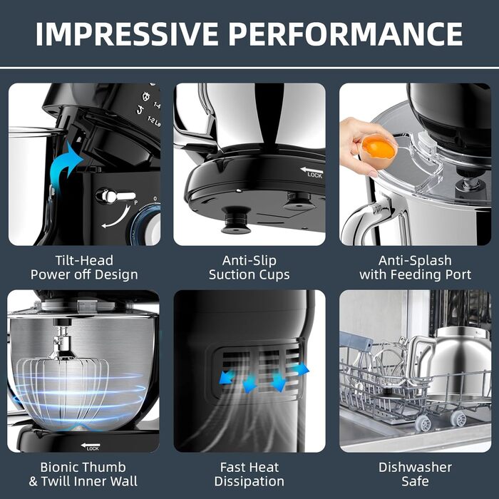Кухонна машина-міксер з чашею 6.5л з нержавіючої сталі, 2000W, 6 швидкостей, для тіста та міксування, з набором насадок (вічорник, гак для тіста, вінчик) та захистом від бризок, чорна