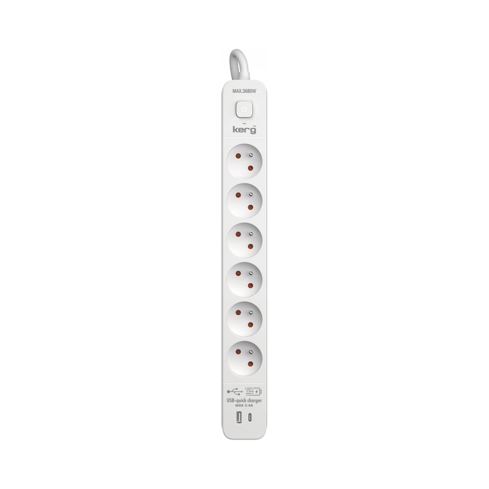 Мережевий фільтр KERG M02601: 6 розеток, 1.5 м, 16 А, USB-C та USB-A