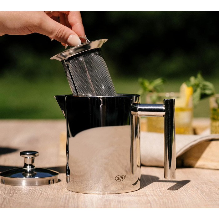 alfi TEA POT 1.40L, Stainless steel insulated carafe with tea strainer and tea catcher, single-walled stainless steel, durable thermos, ideal as a teapot for loose tea, dishwasher-safe, BPA-free (0.6 L)