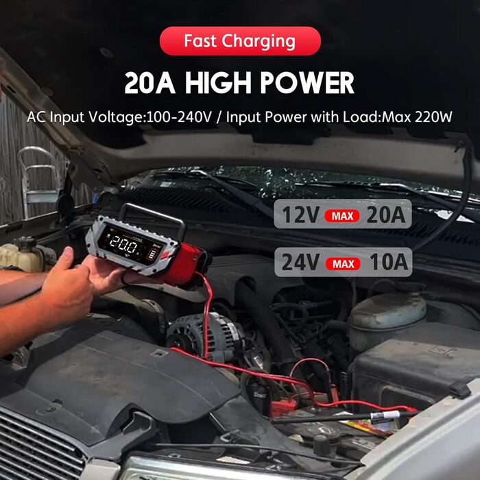 Автоматичний зарядний пристрій HTRC 12V/24V 20A для автомобільних акумуляторів, LiFePO4, літієвих та свинцево-кислотних батарей (AGM, GEL, MF, EFB, SLA, VRLA, Wet), для авто, мотоцикла, човна, газонокосарки, P20PRO