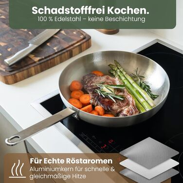 Сковорода нержавіюча WALDWERK 28 см індукційна, жароміцна - без покриття, з шкіряною ручкою