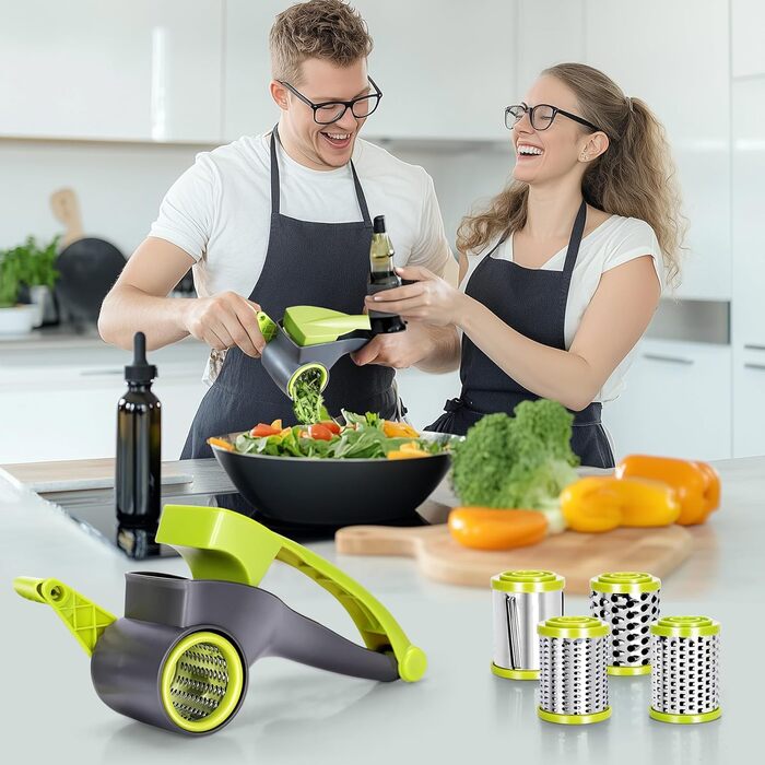 Ручна тертка для овочів 3-в-1 з нержавіючої сталі, Mandoline, терка для сиру з ручкою та 3 змінні леза, для салату, горіхів, фруктів, піци, зелені (терка для сиру сірого кольору)