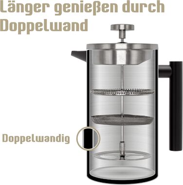 Набір для приготування кави френч-прес, термоізольований, з пітчером для спінювання молока, нержавіюча сталь (чорний, 1 літр)