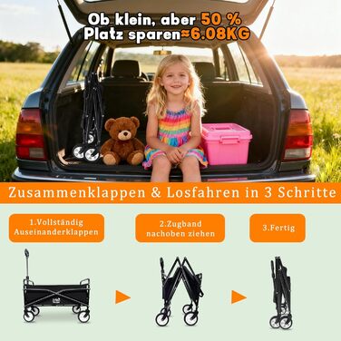 Складний візок-тележка Bollerwagen 80 кг, чорний: для саду, кемпінгу, пляжу, фестивалів. З тримачем для напоїв.
