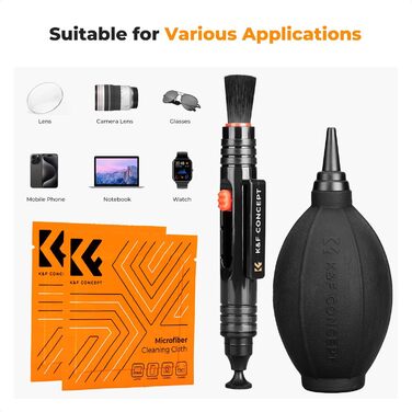 Набір для чищення об'єктивів K&F Concept 3-в-1: для фотоапаратів, об'єктивів, фільтрів, телефонів. Lenspen, щітка, повітряний насос, мікрофібра.