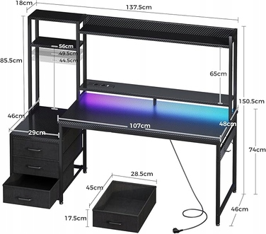 Ігровий стіл з шухлядами, полицею, розетками та LED-підсвіткою, 137x48 см