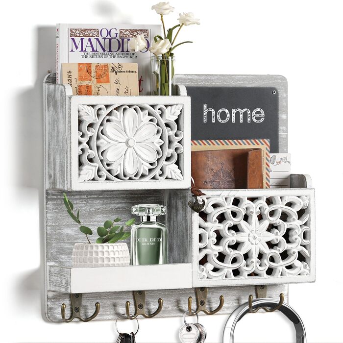 Дерев'яний ключниця з полицею на стіну, органайзер для ключів з 2 відсіками для листів, крейдяною дошкою та 8 гачками, вінтажний білий