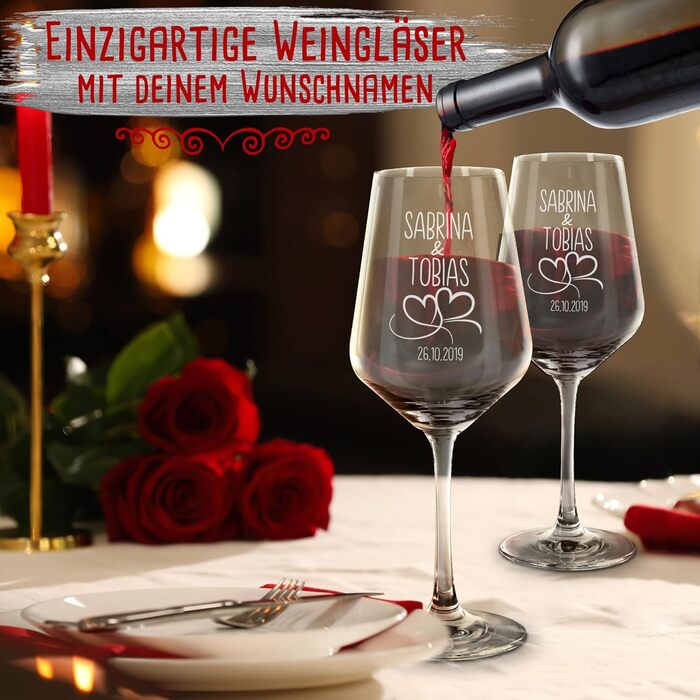 Engraved Wine Glasses - Hearts - Personalize with Name & Date - Engraved Red Wine Glasses for Couples, Gift for Valentine's Day, Wedding, Christmas, Set of 2
