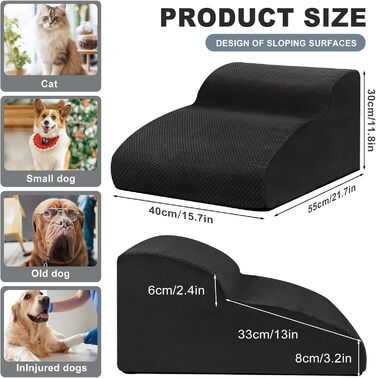 Сходинки для собак маленьких порід, 2 сходинки для ліжка та дивана, знімний чохол, чорний колір