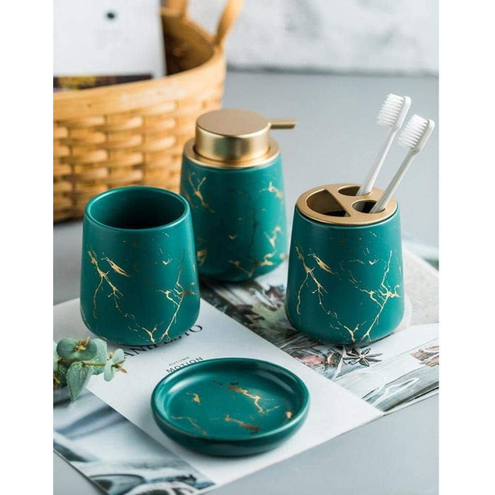 Набір аксесуарів для ванної кімнати з кераміки, 4 шт. (темно-зелений), набір для ванної кімнати, себорегулятор, тримач для зубних щіток, мильниця, мармурова текстура