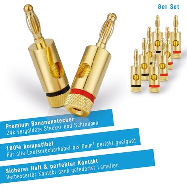 Бананові роз'єми Premium 8 шт для акустичних кабелів 6mm², позолочені 24K, червоно-чорний набір
