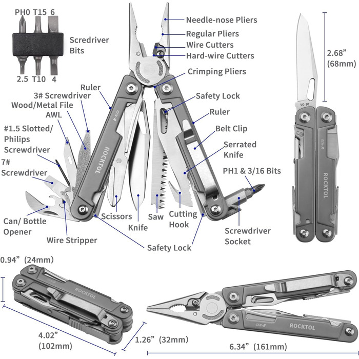 ROCKTOL 27-in-1 Multitool Pliers - EDC Pocket Knife with VG10 Blade & Titanium Handle - Hunting, Camping & Backpacking Tool