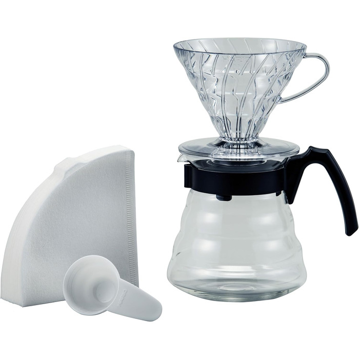 Кавовий набір Hario V60: пластиковий дрипер, скляний сервер, мірна ложка, фільтри, боросилікат, чорний, розмір 2