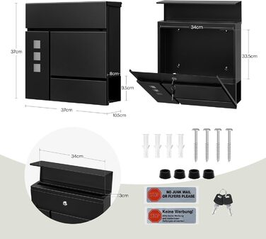 Поштова скринька WOLTU XXL з газетницею, оглядовим вікном та замком, антрацит (чорний) - 10,5 x 37 x 37 см