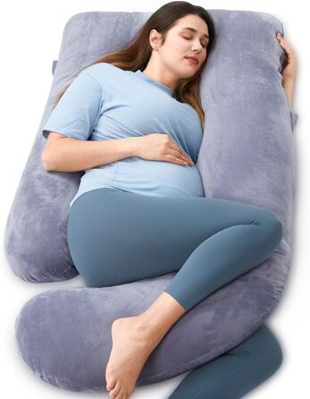 Вагітний подушка Momcozy з кристального велюру - U-подібна подушка для сну на боці (145 см) - для підтримки спини та стегон, сірий колір