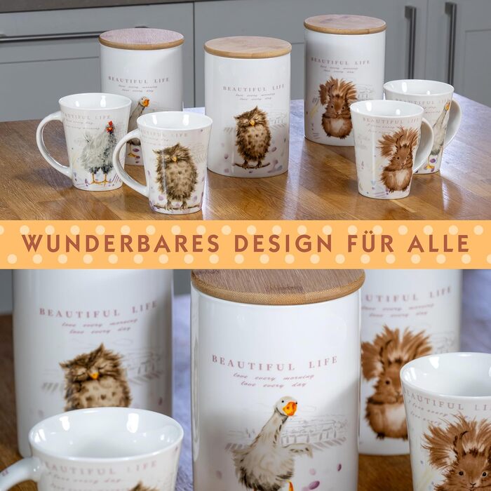 SPOTTED DOG GIFT COMPANY - Coffee mugs with beautiful animal motifs - Ceramic coffee cups - with owl, squirrel, goose, and chicken designs - Gift for animal lovers - Set of 4