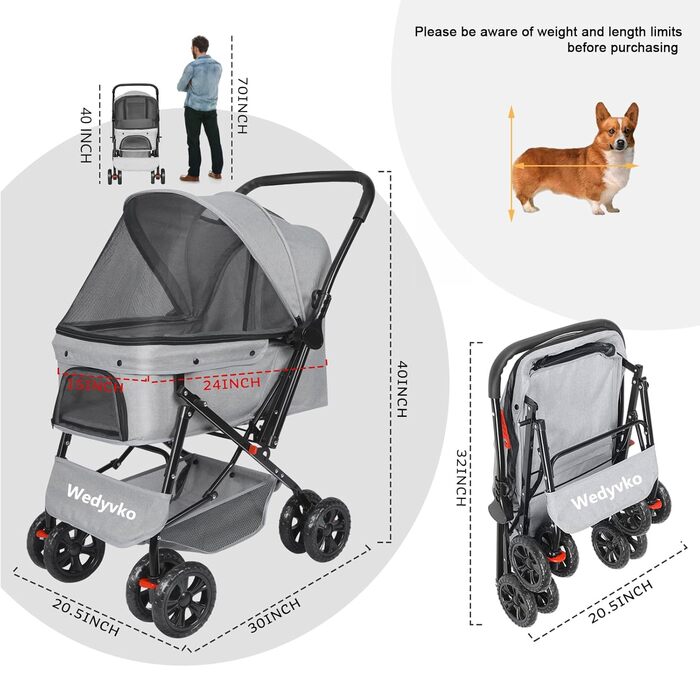 Візок для собак Wedyvko до 20 кг, 4 колеса, складний, для маленьких та середніх собак та котів, з кошиком для зберігання та тримачем для напоїв (сірий)
