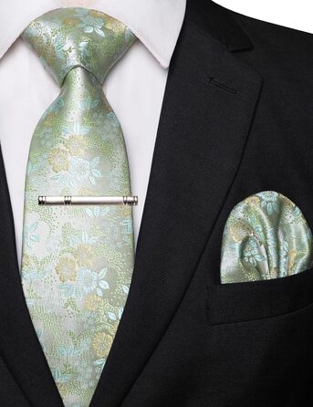 Чоловіча краватка та хустинка JEMYGINS з квітковим принтом, комплект з затискачем для краватки (Світло-зелений/Яскраво-зелений)