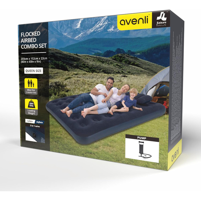 Надувний матрац для кемпінгу AVENLI з 2 подушками та насосом для 2 осіб (203x152x22 см) - зручне ліжко для відпочинку та подорожей