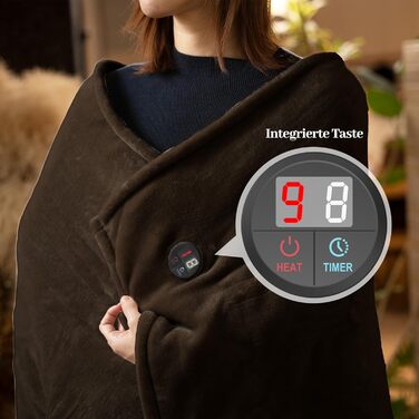 Електрична ковдра GOTCOZY 130x180 см з 10 режимами нагріву та таймером, коричнева, пральна