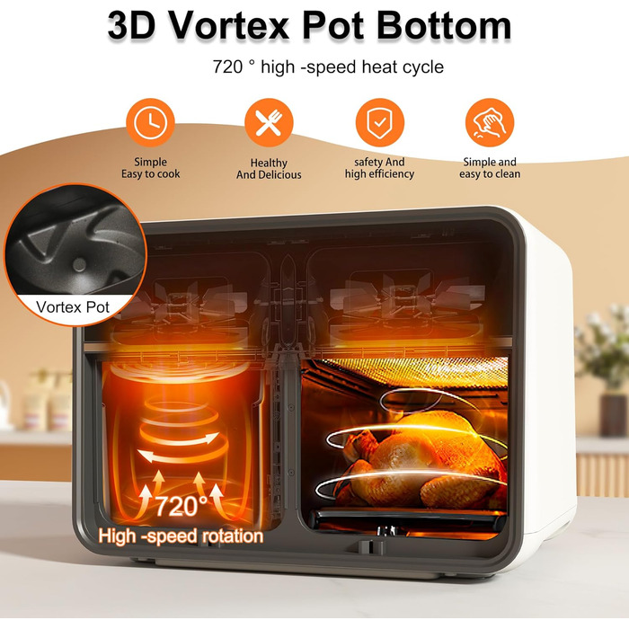 Runnatal Dual Zone Hot Air Fryer with Viewing Window, 8L Airfryer, 2100W, 2 Compartments, 14-in-1 Double Chamber Hot Air Fryer with Vegetarian and Meat Pots, 2 Chamber Airfryer, Non-Stick Coating