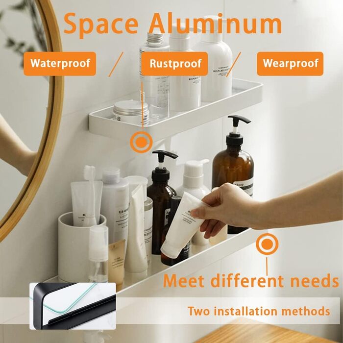 Biutimarden Shower Shelf No Drilling, Bathroom Shelf, Glass Shelf, Wall Mounting, Bathroom Shelf, Rectangular 8MM Tempered Glass, Self-Adhesive, Space Aluminum for Bathroom, Kitchen, Bathroom Accessories, 40CM White