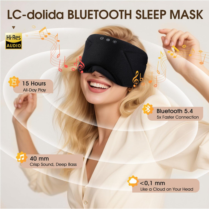 Маска для сну з навушниками Bluetooth 5.4 Dolida: 3D навушники для сну, маска для очей з мікрофоном для подорожей, йоги, медитації (Чорний)