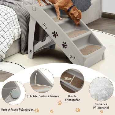 Сходинки для домашніх тварин GYMAX з 4 сходинками, складані, з пластику, з неслизькими підкладками, 4 килимками та трикутною структурою, для котів та собак (сірий)