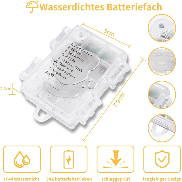Льод-гірлянда LED 200 LED на батарейках: тепле світло, водонепроникна, з пультом, для декору саду, вечірки, балкона, ялинки