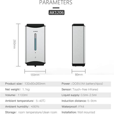 AIKE Automatic Stainless Steel Soap Dispenser - 1100ml Commercial Wall Mounted Soap Dispenser with Window, AK1206 Brushed Stainless Steel