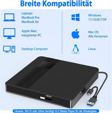 Зовнішній USB 3.0 Type-C CD/DVD привід-записувач (DVD +/-RW), портативний для ноутбука, ПК та Mac (Windows, Linux, macOS), чорний