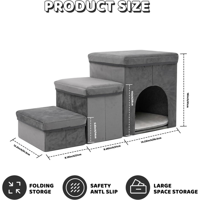 Сходинки для собак на 3 сходинки, 44 см, з місцем для зберігання. Підходить для маленьких собак та котів, зручні для літніх тварин (сірий)