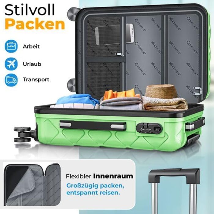 Набір валіз KESSER® 3 шт. | ABS валізи з кодовим замком, ваговою валізою та органайзером для подорожей | Валізи для ручної поклажі та великі валізи для бізнесу та подорожей (Apple Green)