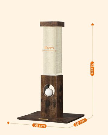 Feandrea Cat Tree, Scratching Post, Cat Scratching Tree, 10 cm Thick Trunk, Scratching Post Made of Natural Sisal Rope, 73 cm High, with Plush Play Ball, Furniture Scratch Protector, PCA021G01 (Vintage Brown)