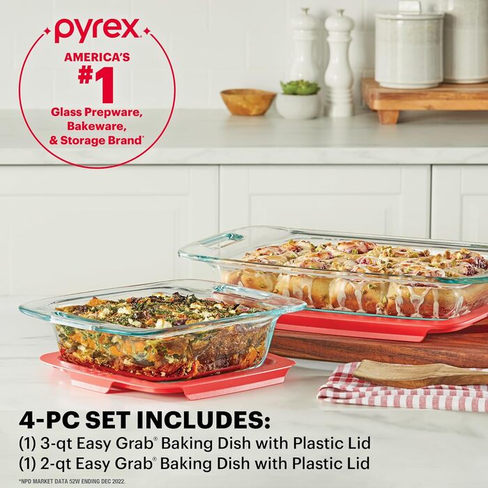 Набір великих скляних форм для запікання Pyrex з кришками і ручками, 4 шт. (2 л, 3 л), для духовки та морозильної камери