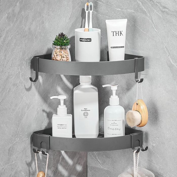 FIISAYL Shower Shelf No Drilling Shower Rack Corner Bathroom Organizer Shower Basket, Shower Corner Shelf with 4 Hooks Space Aluminum Wall Mount Grey, 2 Pack