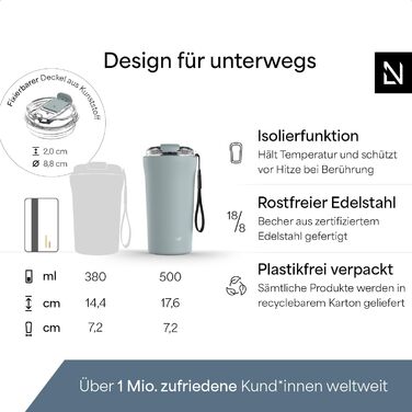 Термокружка для кави та напоїв LARS NYSØM 380 мл з Tritan кришкою та петлею | Термокружка з нержавіючої сталі, ізольована, витікає, для кави та чаю (Sky Blue)
