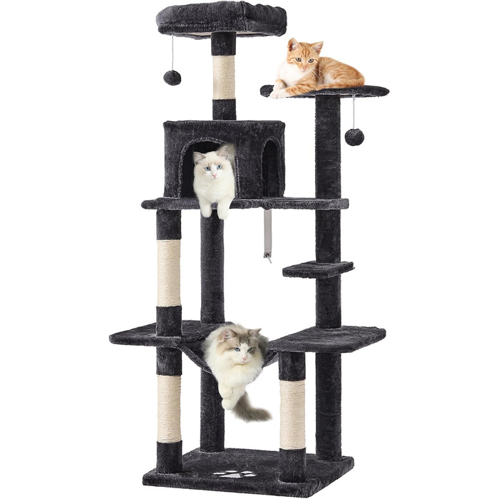 Кігтеточка для котів MSmask велика, багатоповерхова з платформами, печерами та гамаком, обтягнута сизалем (темно-сіра)