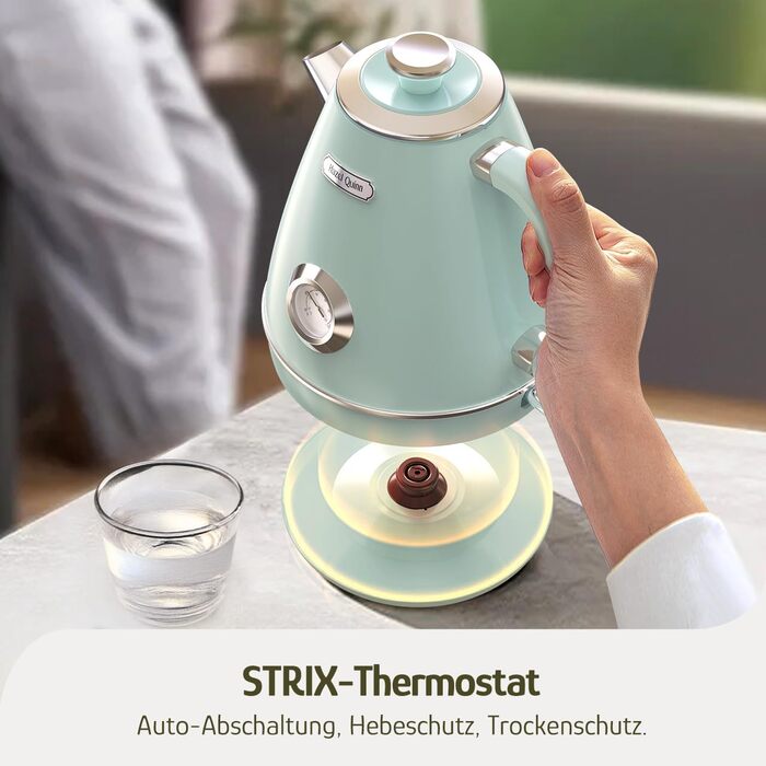 Електричний чайник Hazel Quinn Retro з термометром, з нержавіючої сталі, без пластику, 1.7 л, 2200 Вт, автоматичне відключення, вінтажний дизайн (М'ятно-зелений)